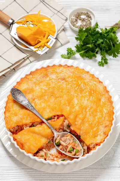 Cheesy Chicken Rice Creamy Salsa Casserole Baking Dish Spoon White — Stock Photo, Image