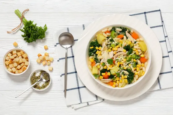 Chicken White Bean Soup Kale Carrots Celery Corn Potatoes White — Stock Photo, Image