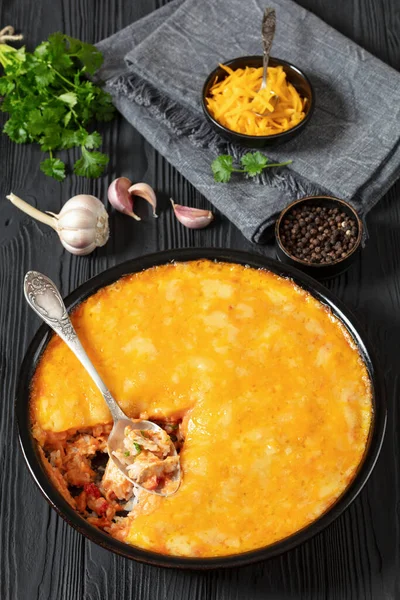 Chicken Rice Creamy Salsa Casserole Topped Melted Cheese Baking Dish — Stock Photo, Image