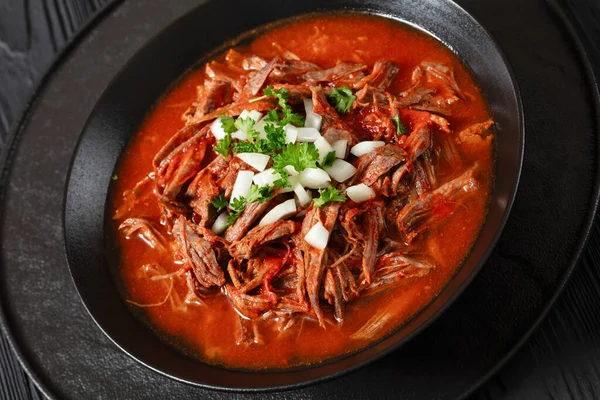 Close Birria Res Mexican Beef Stew Hot Red Pepper Sauce — Stock Photo, Image