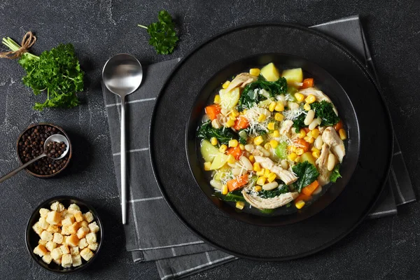 Chicken White Bean Soup Kale Carrots Celery Corn Potatoes Black — Stock Photo, Image