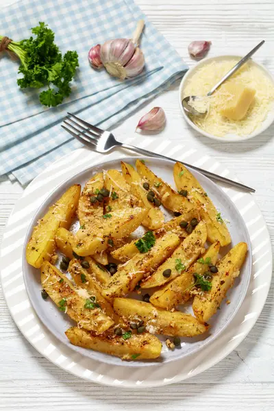 Greek Lemon Potatoes Garlic Parmesan Cheese Capers Parsley Plate White — Stock Photo, Image