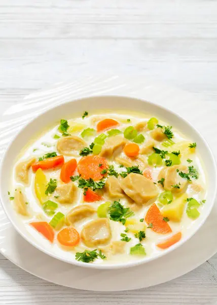 Knoephla Soup Traditional German Dumpling Soup Potatoes Celery Carrots Parsley — Stock Photo, Image