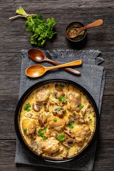 Chicken Thighs Creamy Mushroom Garlic Sauce Herbs Parmesan Cheese Baking — Stock Photo, Image