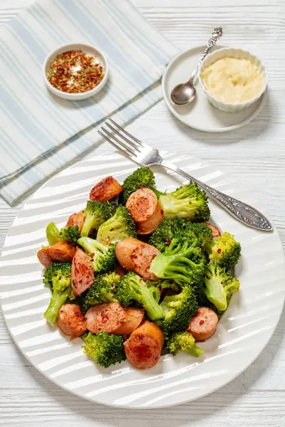 Sausage Broccoli Stir Fry White Plate Fork Seasoning Sauce White — Stock Photo, Image