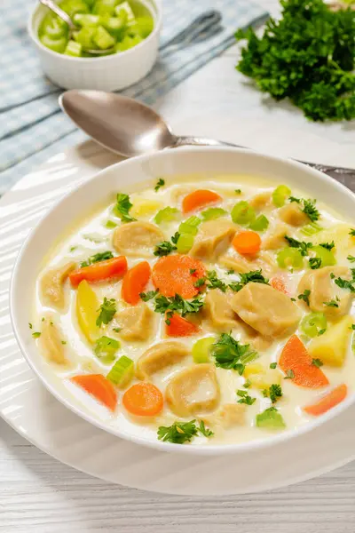 Knoephla Soup Traditional German Dumpling Soup Potatoes Celery Carrots Parsley — Stock Photo, Image