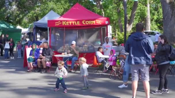 Yerel Çiftlik Marketinde Eğlenen Yiyen Aileler — Stok video