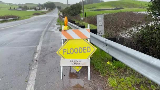 Flooded Road Sign Heavy Rain San Francisco — Stock Video