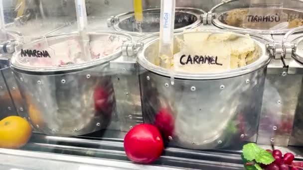 Metal Kaplarda Çeşitli Talyan Dondurmalarının Tadını Çıkar — Stok video