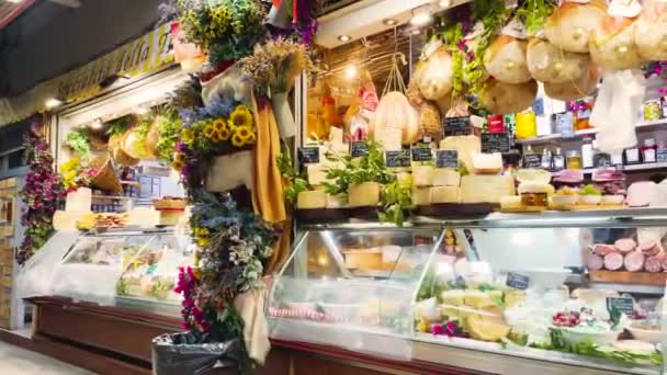 Traditional Deli Counter Abundant Hanging Cheeses Variety Cured Meats Enhanced — Stock Video