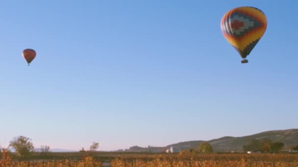 Πολύχρωμα Μπαλόνια Αιωρούνται Πάνω Από Ένα Ρουστίκ Τοπίο Φόντο Λόφους — Αρχείο Βίντεο
