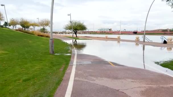 最近的降雨淹没在水下的一条公园小径 周围的草地和树木反射在平静的水面上 凸显了暴雨对城市绿地的影响 — 图库视频影像