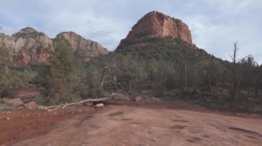 Etrafı bitki örtüsü ve açık bir gökyüzüyle çevrili bir çöl tepesinin görüntüsü. Sahne, çöl ortamının engebeli güzelliğini ve doğal manzarasını yakalıyor..
