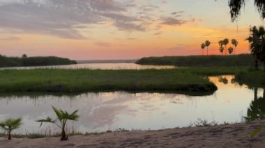 Sakin bir günbatımı, sakin bir kıyı gölünün üzerinde canlı renkler bırakır. Gökyüzünün su üzerindeki yansımaları. Sahne palmiye ağaçları ve çimenli bankalar tarafından çerçeveleniyor, sakin ve resimsel bir ortam yaratıyor..