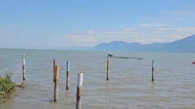 Chapala Gölü 'nün geniş bir manzarası var. Uzaktaki dağlardan ve sudan tahta direkler yükseliyor. Uçsuz bucaksız mavi gökyüzü göllerin yüzeyine yansıyor..
