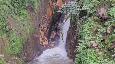Güçlü bir şelale, yemyeşil bitki örtüsüyle çevrili engebeli kayalıklardan aşağı dökülür. Akan su sarp kanyonu oyar ve dramatik bir doğa sahnesi yaratır..