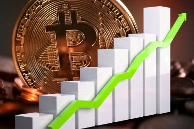 Bitcoin ve yukarı ok. Borsa göstergeleri. Ekonomi çizelgesi. Bar çizelgesi.