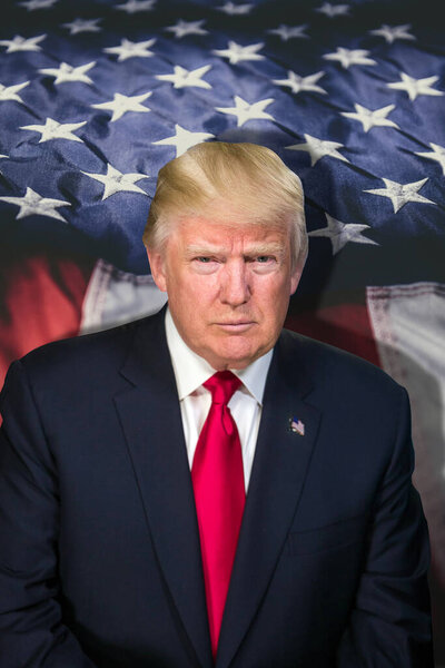 Donald Trump and USA flag. American flag. American president. President of the United States. Trump 2025.