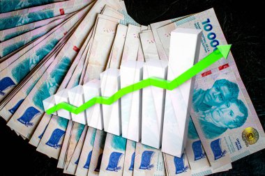 Yukarı ok ve nakit. 10,000 Arjantin pesosu. Arjantin parası. Maksimum değer banknotu. Yeni tasarım 2024 - Ekonomi grafiği