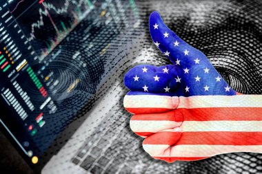 Parmak yukarıda, Amerikan bayrağı, nakit para ve borsa göstergeleri - Ekonomi grafiği