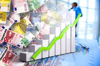 Arttırılmış ok, euro nakit banknotları ve ofiste iş adamı - Ekonomi grafiği