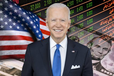Joe Biden, ABD bayrağı, borsa göstergeleri ve nakit para banknotları