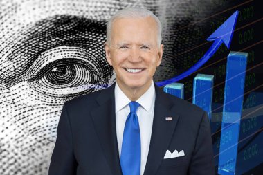 Joe Biden, yukarı ok ve nakit dolar.