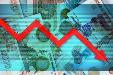 Rus rublesi ve aşağı ok. Para için. Nakit paralar ve paralar - Ekonomi çizelgesi