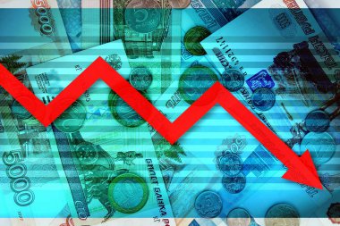 Rus rublesi ve aşağı ok. Para için. Nakit paralar ve paralar - Ekonomi çizelgesi