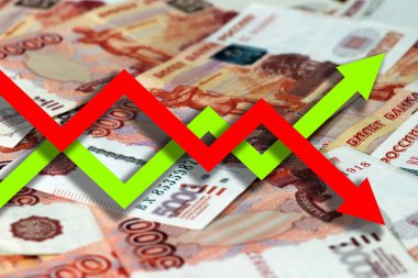Rus rublesi ve aşağı yukarı oklar. Para için. Nakit para ve madeni paralar - Ekonomi grafiği