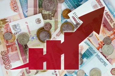 Rus rublesi ve yukarı ok. Para için. Nakit paralar ve paralar - Ekonomi grafiği