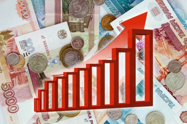 Rus rublesi ve yukarı ok. Para için. Nakit Faturalar - Ekonomi Grafiği