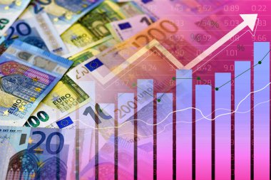 Nakit avro banknotları, oklu çubuk grafik ve sayısal göstergeler - Ekonomi grafiği