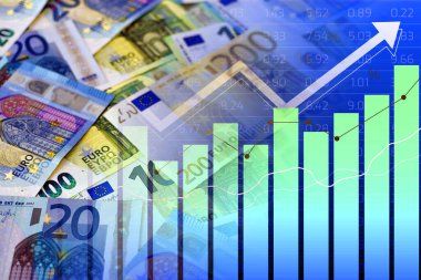 Nakit avro banknotları, oklu çubuk grafik ve sayısal göstergeler - Ekonomi grafiği