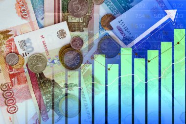 Nakit Rus rublesi banknotları, ok ve sayısal göstergelerle ölçü çubuğu grafiği - Ekonomi grafiği