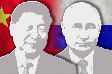 Xi Jinping, Vladimir Putin, Çin bayrağı ve Rusya bayrağı.