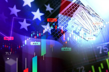 ABD bayrağı, nakit para banknotları, defter ve sayısal göstergeler - Ekonomi şeması