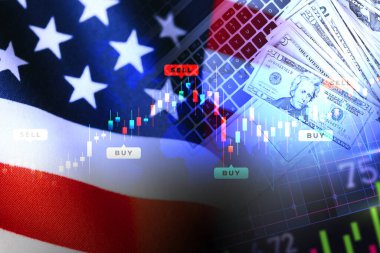 ABD bayrağı, nakit para banknotları, defter ve sayısal göstergeler - Ekonomi şeması