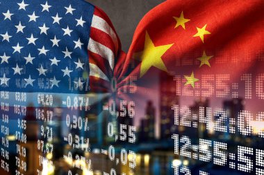 USA flag and Chinese flag colliding, and numerical indicators - Economic chart (America, China, tariff, tariffs, duty, finance, money, savings, investment, stock market, elections, inflation, world powers)