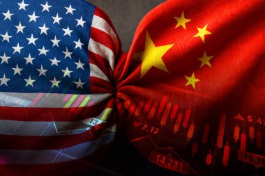 USA flag and Chinese flag colliding, and numerical indicators - Economic chart (America, China, tariff, tariffs, duty, finance, money, savings, investment, stock market, elections, inflation, world powers)