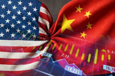 USA flag and Chinese flag colliding, and numerical indicators - Economic chart (America, China, tariff, tariffs, duty, finance, money, savings, investment, stock market, elections, inflation, world powers)