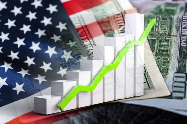 Yukarı ok, ABD bayrağı ve nakit dolar - Ekonomi grafiği (Amerika, finans, para, tasarruf, yatırım, borsa, seçimler, enflasyon)