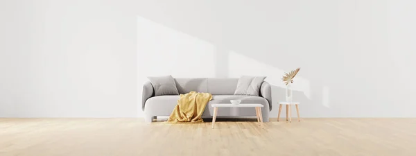 Living room interior wall mock up with gray fabric sofa and table and pillows and yellow blanket on white background with free space on left during sunny day. 3d rendering.