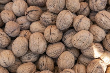 View of shelled walnuts of background. A walnut is the edible seed of a drupe, and thus not a true botanical nut. It is commonly consumed as a nut.
