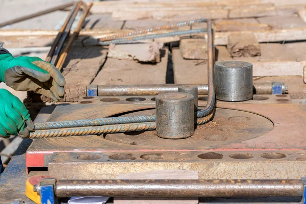 Worker Bending Rebars Rods Construction Site — Stock Fotó