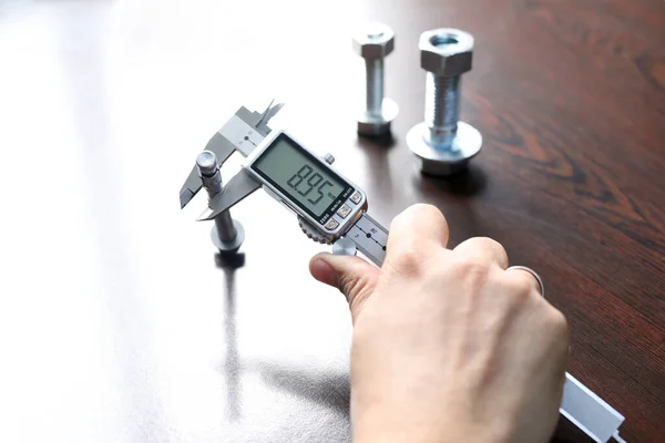 Inspector Measuring Diameter Bolts Manual Verniel Caliper Micrometer Gauge Vernier — Stock Photo, Image