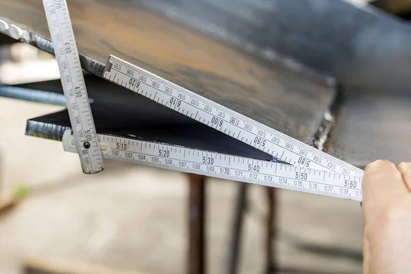 Metal Worker Measuring Angle Steel Part Finder Protractor Wooden Meter — Stock Photo, Image