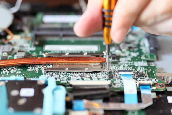 Expert is repairing to inner of laptop with screwdriver. The design restrictions on power, size, and cooling of laptops limit the maximum performance of laptop parts compared.
