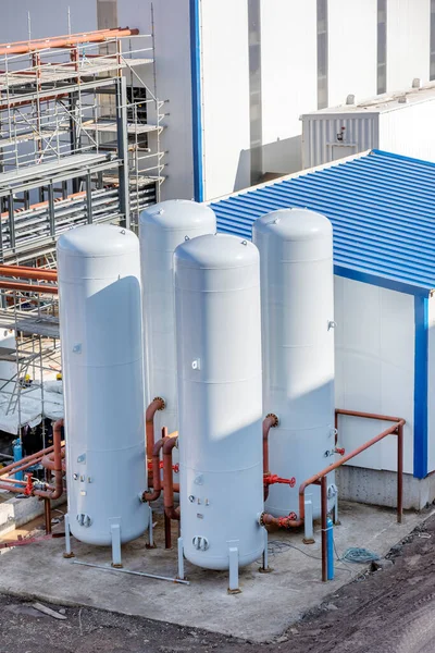 Vista Dos Vasos Pressão Verticais Cilíndricos Planta Projeto Fabricação Operação — Fotografia de Stock