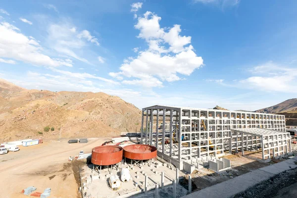 View of the construction site for flotation chemical plant. Froth flotation is a process for selectively separating hydrophobic materials from hydrophilic.